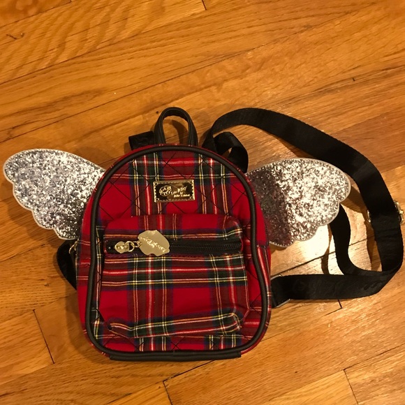 Betsey Johnson Luv Betsey Jessie Red Plaid Mini Winged Backpack EUC - Picture 1 of 3
